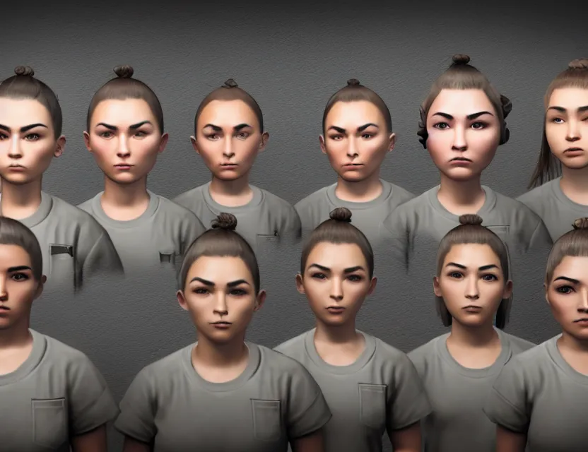 Prompt: six girls with masculine faces in prison behind bars, unreal engine