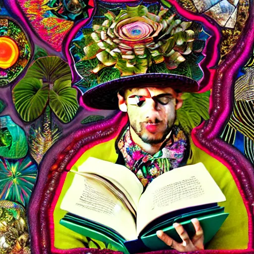 Prompt: HD 8x hyperdetailed illustrated mixed media collage of a man with a maximalist hyperrealistic huge hat made of jewel plants, reading an elaborate book. flamish baroque solarpunk elements. matte background in pastel tones.