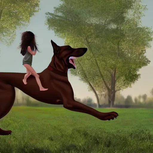 Prompt: girl riding a giant doberman dog in the park, trending on artstation