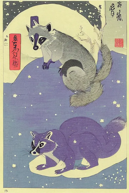 Image similar to purple raccoon in the stars in the style of Utagawa Hiroshige