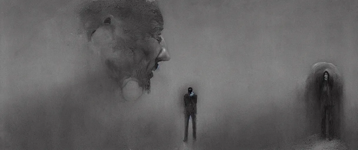 Image similar to a man eating his own face, painted by zdzislaw beksinski