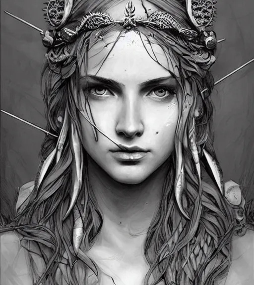 Image similar to beautiful aphrodite goddess wearing an arrow on her head, realistic face, beautiful eyes, black and white drawing, in the style of greg rutkowski, fantasy, amazing detail, epic, intricate, elegant, smooth, sharp focus