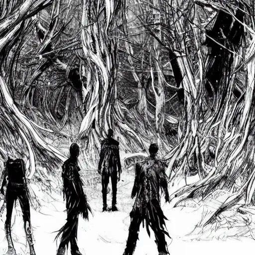 Image similar to sci - fi, monster hunters walking in a meat and bone forest, art by tsutomu nihei