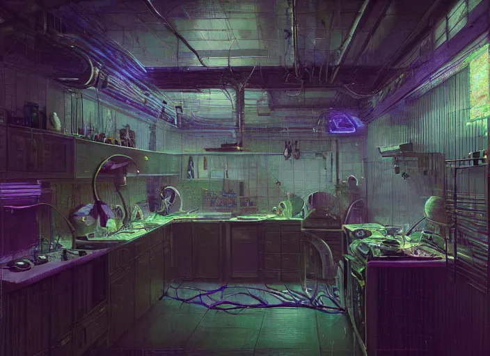 Image similar to A kitchen, neon, RGB, glowing wires everywhere, by Edgar Maxence and Ross Tran, Zdzisław Beksiński, and Michael Whelan, distant, gustav dore, H.R. Giger, 8k, octane render