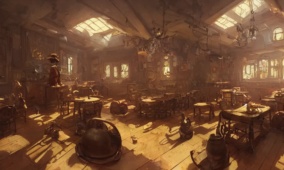 Prompt: Interior of a Steampunk kindergarden classroom Greg Rutkowski, ArtStation, CGSociety, ultra realistic, ray tracing, 3d render, volumetric light, Unreal Engine