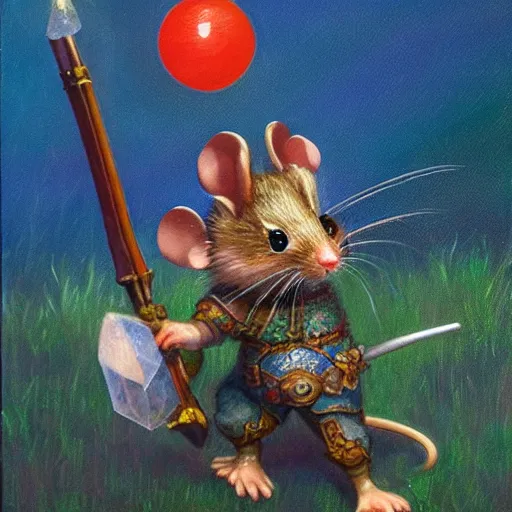 Image similar to mouse warrior reaches for floating crystal, famous oil painting, award winning, 8k scan