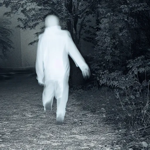 Prompt: cinematic lighting photograph of proffesional Ghost hunters running away from a person acting like a ghost wearing a white cloth over body chasing them