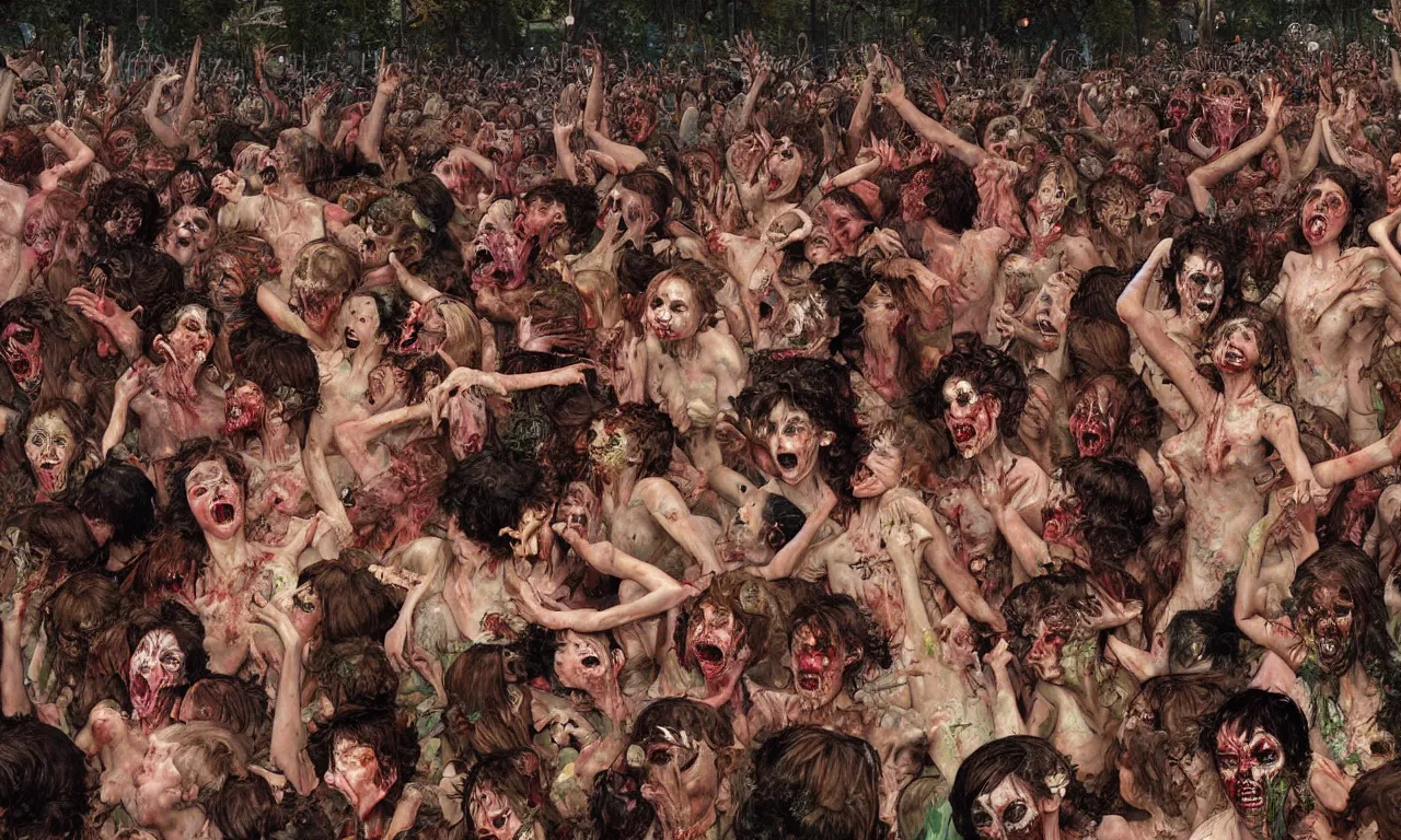 Image similar to a detailed digital art portait of undead nymphs in a mosh pit, art by norman rockwell, pixar style