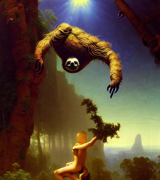 Image similar to a sloth regretting its life choices by albert bierstadt and mœbius and peter mohrbacher, hyperrealism, highly detailed, intricate details