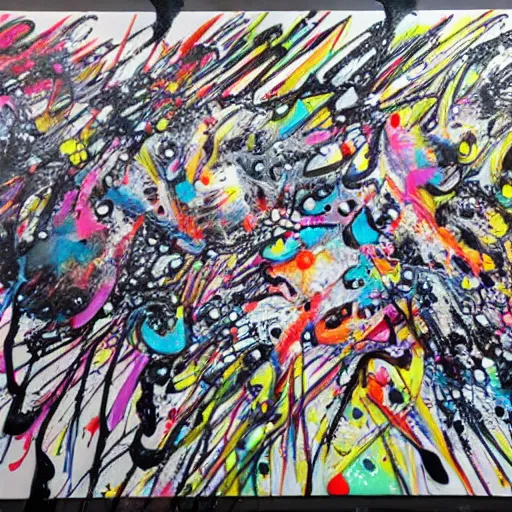 Prompt: cyborgs drawing cyborgs squirting splashing and dripping paint onto canvas cyborgs in the style of pollock