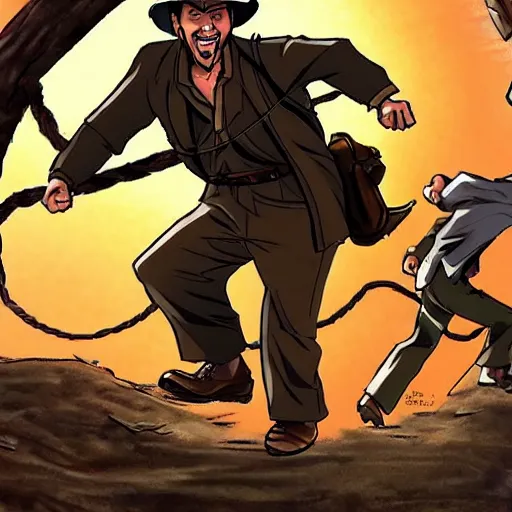 Prompt: Indiana Jones running away from boulder trap, raiders of the lost ark, anime style