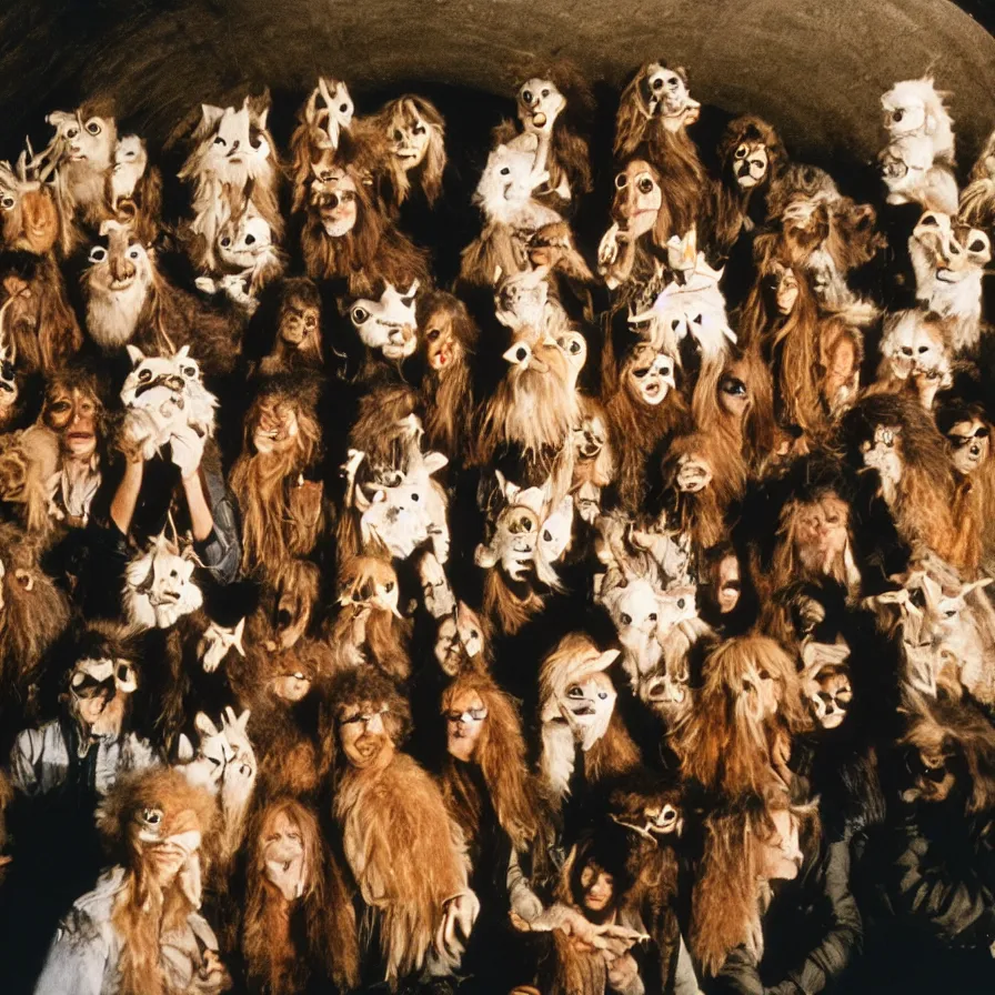 Prompt: 7 0 s movie still of cult members with taxidermic moth masks in a spiral tunnel, cinestill 8 0 0 t 3 5 mm, heavy grain, high quality, high detail