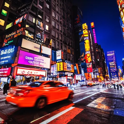 Image similar to color night shot of new york city street scene but it looks like tokyo japan, photorealistic,8k, XF IQ4, 150MP, 50mm, F1.4, ISO 200, 1/160s, natural light