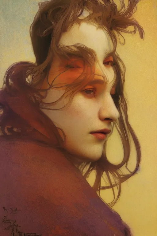 Prompt: mixing secondary colors with oil paint by alfons maria mucha, sophisticated, photoreal, symmetrical portrait, pudgy, upturned nose, clear facial features, character concept art, cinematic, rembrandt lighting, 4 k, 8 k, celtic norse frankish, a person in entirety, mood lighting, real skin, subsurface scattering light