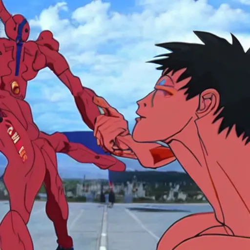 Image similar to epic evangelion fight scene of Zelensky and putin