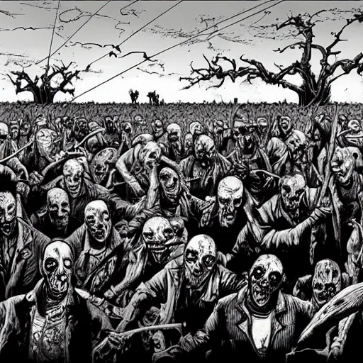 Prompt: zombie horde in an open farm field, drawn by ben templesmith