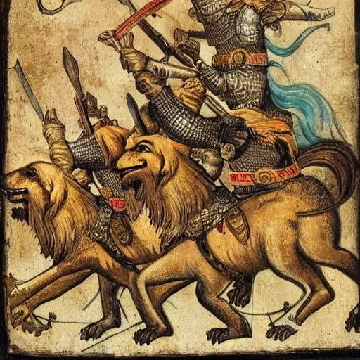 Image similar to Warrior dogs riding lions into battle, medieval weapons and armour