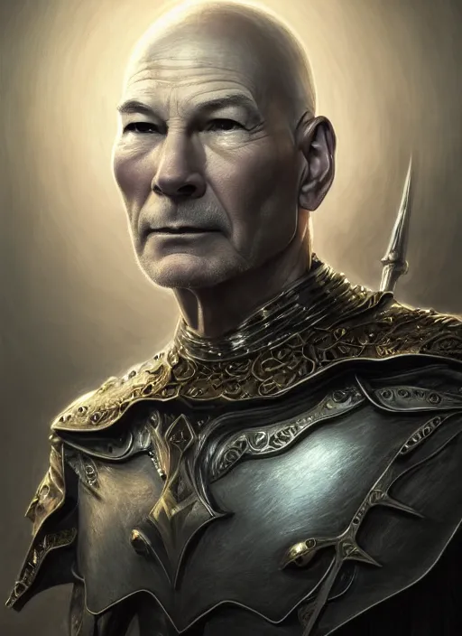 Prompt: extremely pale thin old patrick stewart in silver crown and metal armor, extremly detailed digital painting, raymond swanland, tomasz alen kopera, vibrant colors, intricate, exquisite lighting, highly detailed, rim light, cinematic lighting, art, octane render, very coherent, cinematic, 8 k, trending on artstation