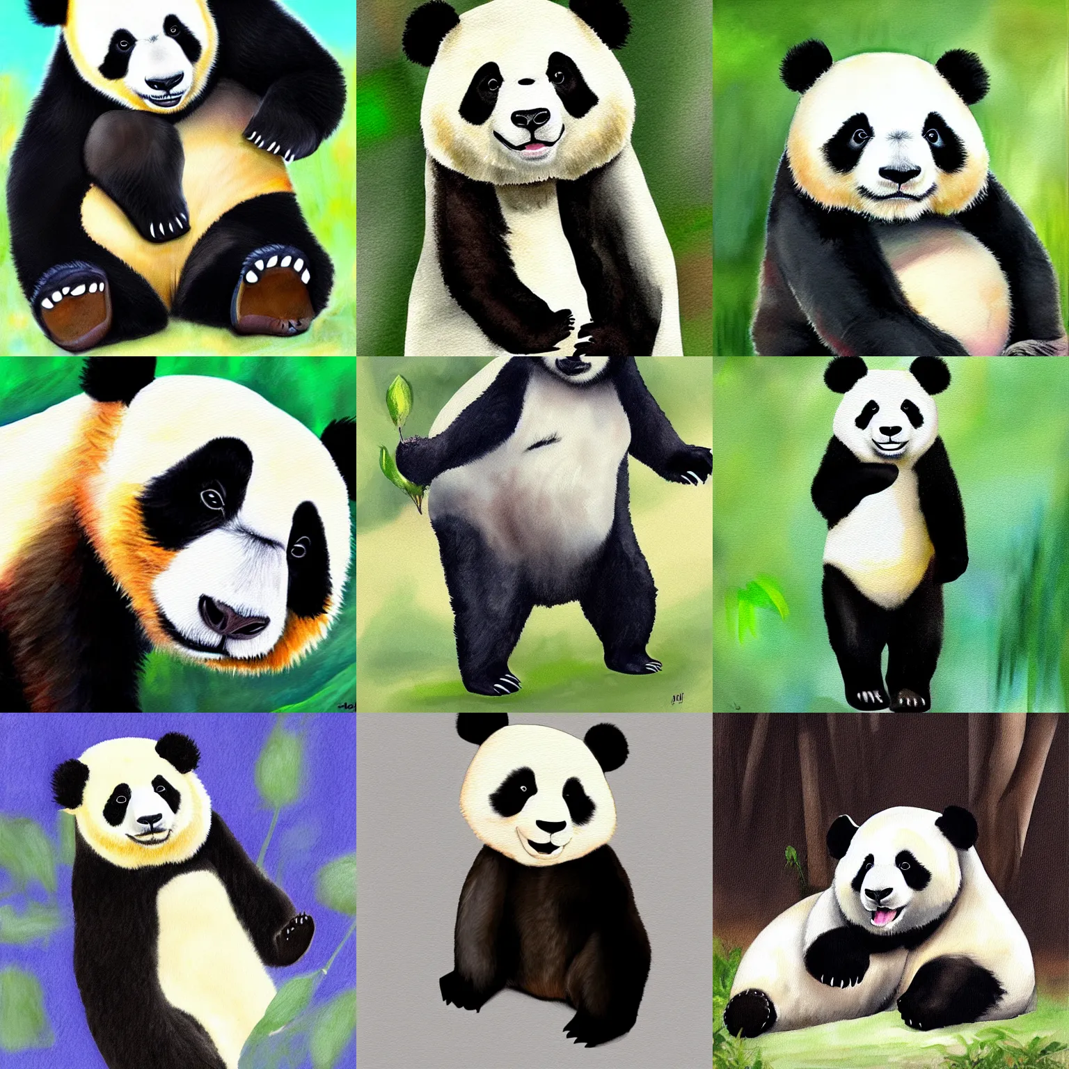 Prompt: A cute giant panda, full body portrait, digital oil painting, cartoon, watercolor, Charles