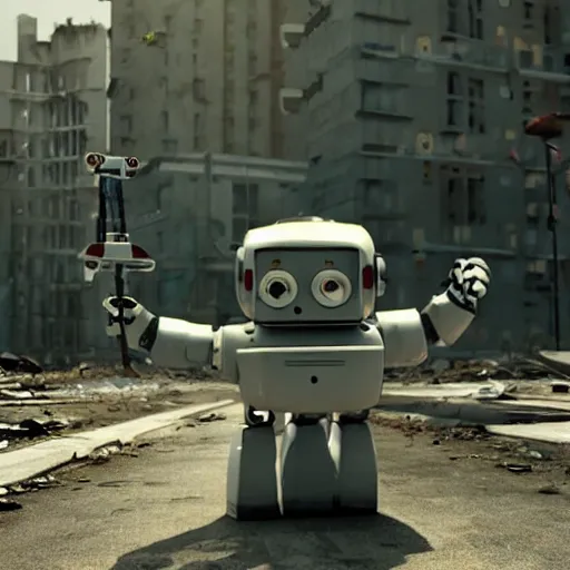 Prompt: small 2 fingered robot exploring abandoned city in the apocalypse, 4k cinematic shot, cute