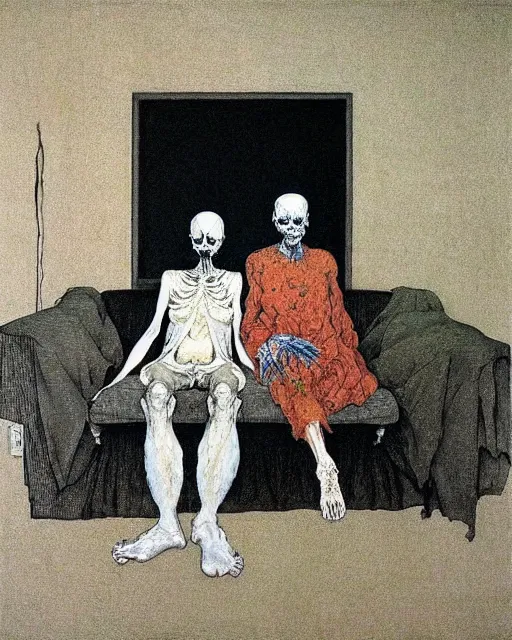 Prompt: an old dead couple sitting on an old couch holding hands in an old apartment,  Francisco Goya painting, part by Beksiński and James Jean. art by Takato Yamamoto, Francis Bacon masterpiece