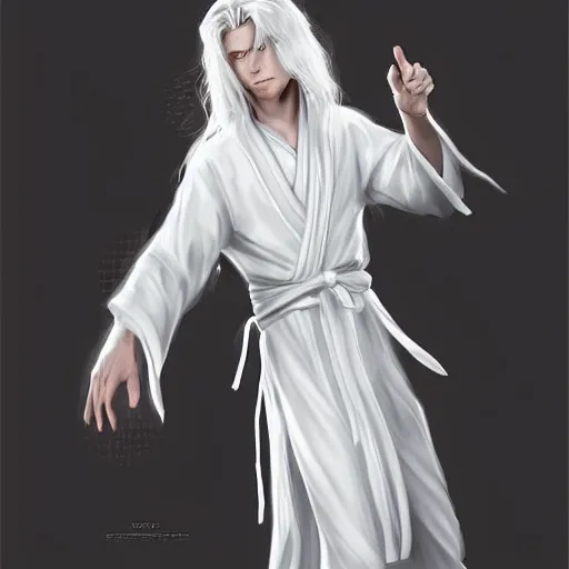 Prompt: teen boy, long white hair, white daoist robes, digital painting, highly detailed, full body, d&d, by artgerm