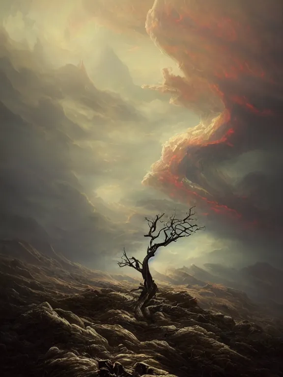 Image similar to photo of 8k ultra realistic lone dead tree on hill surrounded by swirling clouds and lighting, dark, menacing, full of colour, cinematic lighting, battered, trending on artstation, 4k, hyperrealistic, focused, extreme details,unreal engine 5, cinematic, masterpiece, art by Peter Mohrbacher