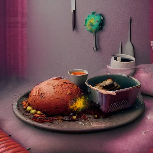 Prompt: interloper consuming food art by mike winkelmann, power auras, sigils, tattered cloth robes, substance 3 d painter, pbr textures, physical based rendering, cinematic, hyper realism, high detail, octane render, unreal engine, 8 k, vibrant colors, smooth gradients, high contrast, depth of field, aperture