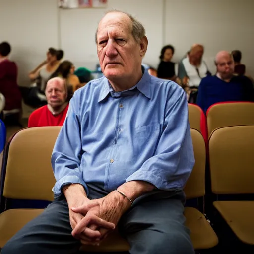 Prompt: wide angle portrait of werner herzog sitting alone in the waiting area of the dmv wearing a birthday hat. ultra wide angle, edward hopper, award winning, hyperrealistic, grand budapest hotel, studio lighting, very detailed face, chiaroscuro, film noir