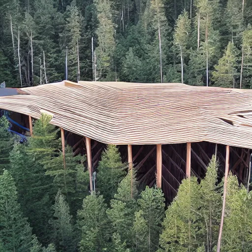 Prompt: timber megastructure in the middle of the forest