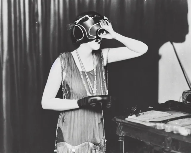 Image similar to 1 9 2 0 s photo of a flapper girl wearing a vr headset on a stage in a speakeasy