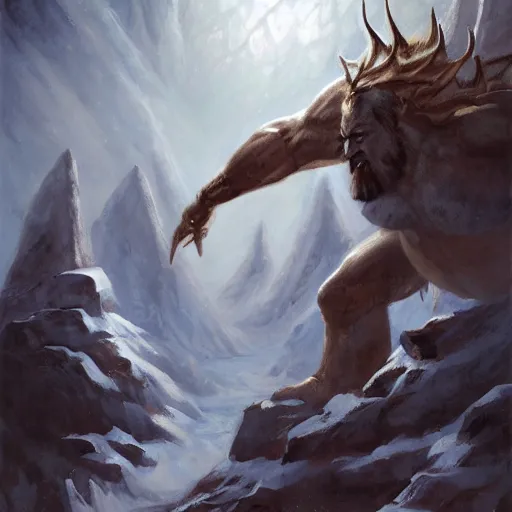 Prompt: north mythology concept art painting of ice gigant ymir the ancestor of all giants by james gurney, trending on artstation, detailed