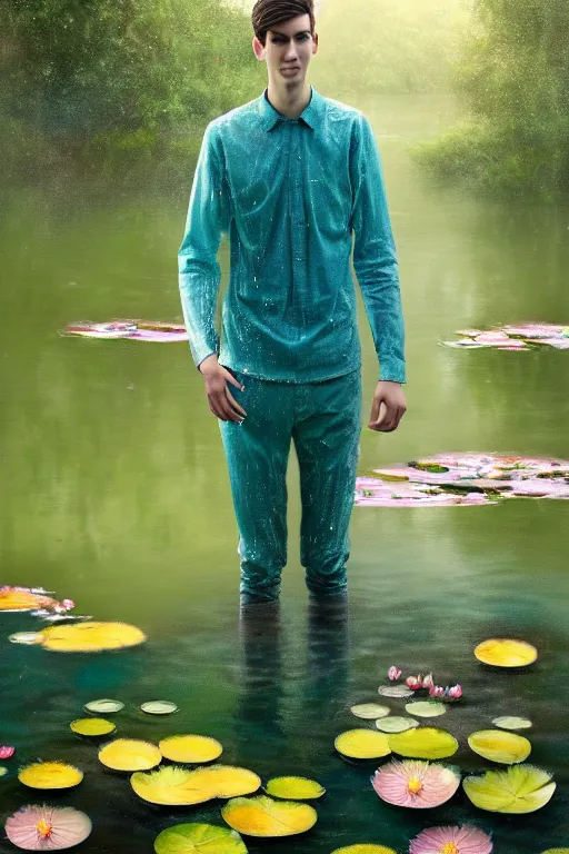 Image similar to light teal portrait of a tall, young adult man in his 20s in the rain on pond with waterlilies, fantasy, intricate, elegant, dramatic lighting, emotionally evoking symbolic metaphor, highly detailed, lifelike, photorealistic, digital painting, artstation, concept art, smooth, sharp focus, illustration, art by John Collier and Albert Aublet and Krenz Cushart and Artem Demura and Alphonse Mucha