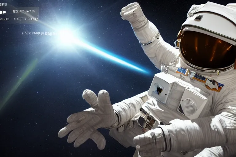 Image similar to astronaut in space wearing a spacesuit floating, meteor hitting earth in background, highly detailed, photorealistic portrait, bright studio setting, studio lighting, crisp quality and light reflections, unreal engine 5 quality render