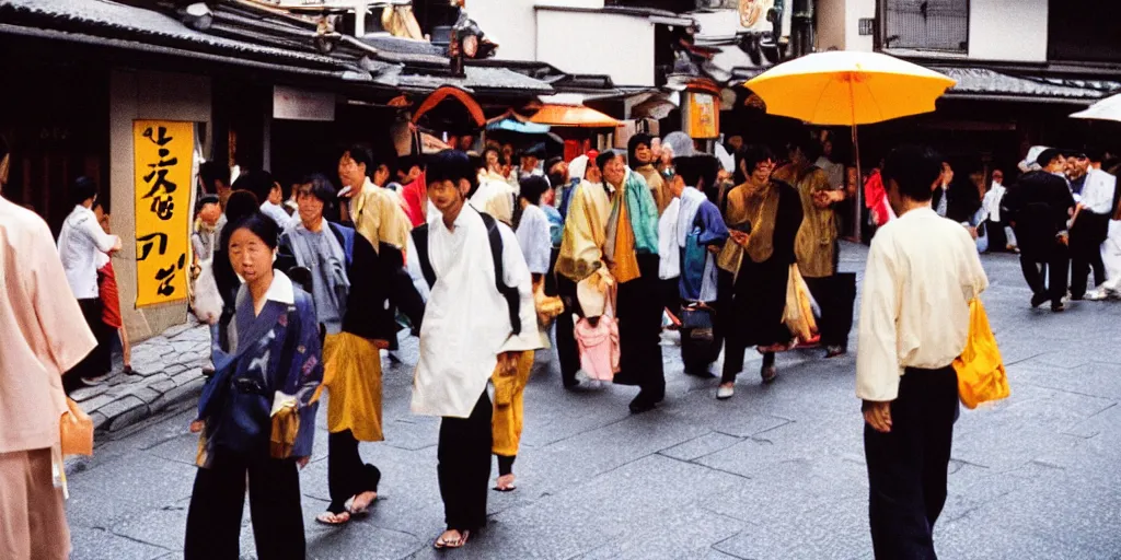 Prompt: street photography of gion matsuri midday, people in 9 0 s fashion, in kyoto japan, shot on kodak gold with a canon 3 5 mm lens aperture f / 5. 6, masterful photography by haruto hoshi and yang seung - woo and saul leiter, hyper - realistic