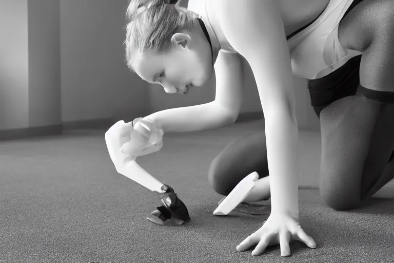 Image similar to close up of scarlet johannsson as a gynoid on her hands and knees polishing the floor, high resolution film still, 4 k, hdr color