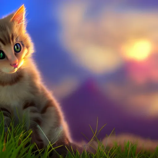 Image similar to ! dream a wholesome animation key shot of a kitten on a hill, simetrical medium shot, studio ghibli, pixar and disney animation, sharp, rendered in unreal engine 5, anime key art, bloom, dramatic lighting