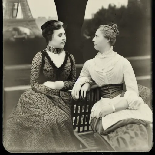 Prompt: Two victorian women sitting by a table outside a cafe in paris, eiffel tower visible in the background, moonlit scene, black and white vintage photograph