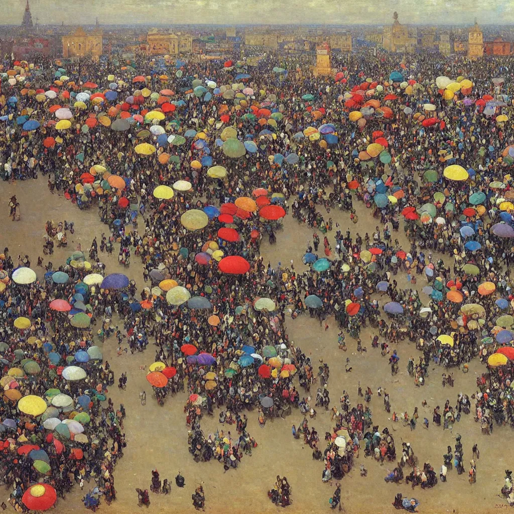 Image similar to dagomey officials with flat colorful umbrellas in ahomey's huge main square, from above, 1905, highly detailed, oil on canvas, by ilya repin