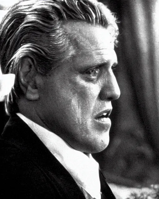 Image similar to film still close up shot of gary busey as vito corleone from the movie the godfather. photographic, photography