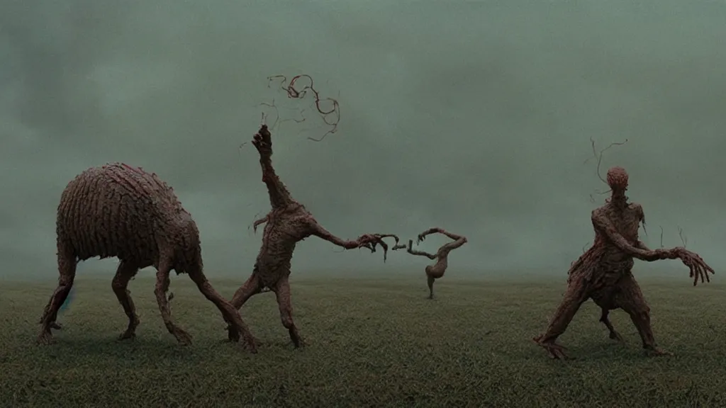 Prompt: the strange creature, made of milk and wax, they fight me, film still from the movie directed by denis villeneuve and david cronenberg with art direction by salvador dali and zdzisław beksinski, wide lens