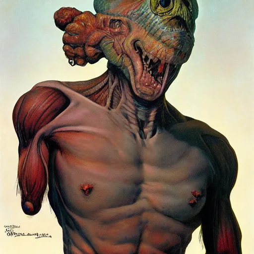 Image similar to upper body portrait of a pulp scifi creature, by norman rockwell and boris vallejo