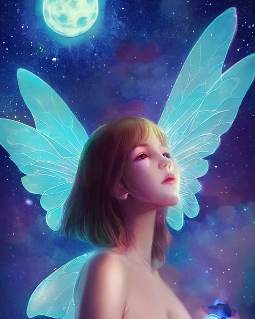 Prompt: a detailed digital art of an attractive!!!! girl with psychedelic! fairy wings sitting under the night sky and holding!! a crystal!! containing all of reality and galaxies, by greg rutkowski artgerm ilya kuvshinov. anime! dramatic lighting, cinematic angle, heavy contrast