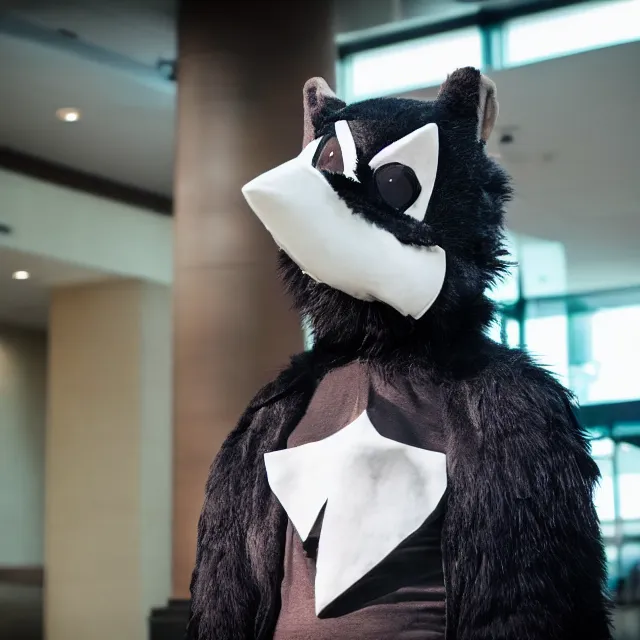 Image similar to a person wearing a fursuit of a crow fursona, fursona, furry convention, hotel lobby, indoors, photograph, furry fandom, photorealistic,