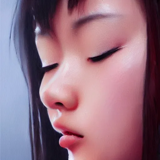 Prompt: perfect, realistic oil painting of close-up japanese idol girl face, by an American professional senior artist, Hollywood concept, dynamic composition and motion, postproduction.