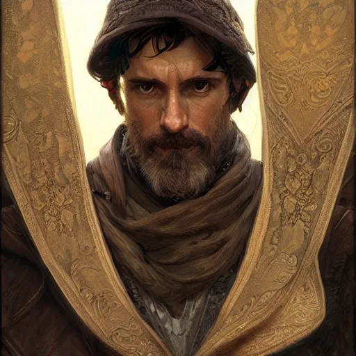 Prompt: portrait of a rugged thief, D&D, fantasy, intricate, elegant, highly detailed, digital painting, artstation, concept art, smooth, sharp focus, illustration, art by artgerm and greg rutkowski and alphonse mucha