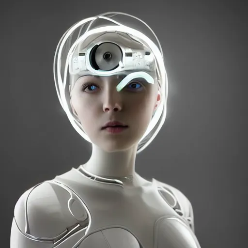 Prompt: beautiful centered fine art photo portrait of beautiful girl as a solarpunk robotic humanoid, white mechanical parts with led lights, bouguereau style pose, photorealistic, white background, highly detailed and intricate, soft box lighting, hdr 8 k