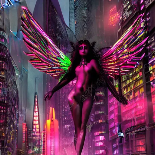 Prompt: gorgeous gothic angel in a neon city, masterpiece render, extremely detailed