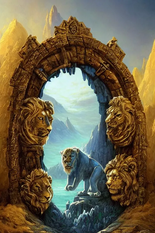 Image similar to A giant medieval fantasy blue energy portal gate with a rusty gold carved lion face at the center of it, the portal takes you to another world, full of colorful flowers on the lost Vibes and mountains in the background, spring, delicate fog, sea breeze rises in the air, by andreas rocha and john howe, and Martin Johnson Heade, featured on artstation, featured on behance, golden ratio, ultrawide angle, f32, well composed, rule of thirds, center spotlight, low angle view