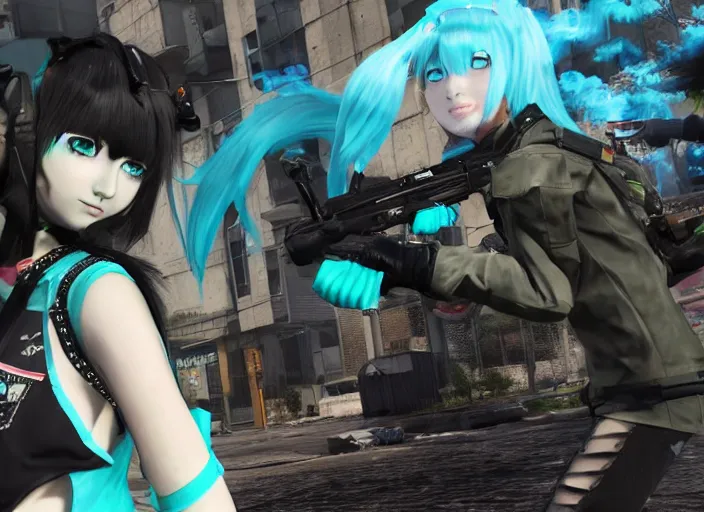 Prompt: hatsune miku cosplayer smoking a bong in call of duty black ops 2, call of duty screenshot, ps3 game,